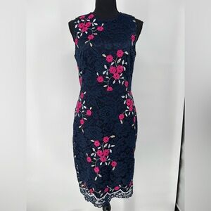 DKNY NWOT BLUE LACE PINK FLORAL COCKTAIL DRESS, ROMANTIC‎ CHIC, LINED, BACK ZIP